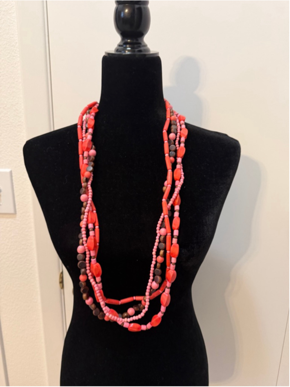 Multi Strand Statement Necklace Pink Coral Red Wood Bead Layered Boho Fashion Je